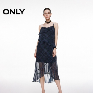 饰裙子飘逸时髦格纹吊带中长裙连衣裙女 荷叶边装 ONLY2026春季 新款