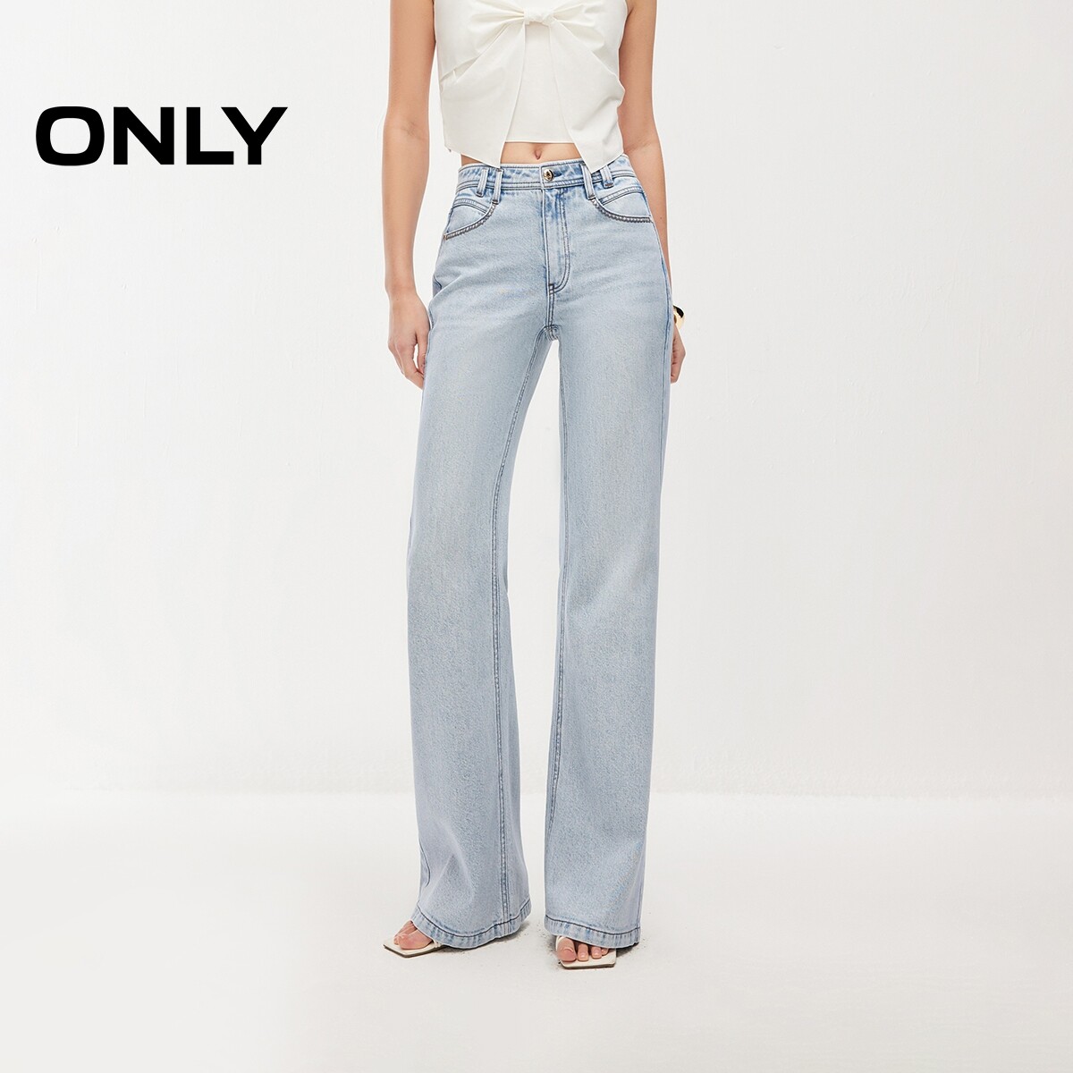 【商场同款】ONLY2026春季新款高腰口袋精致绣花白色微喇叭牛