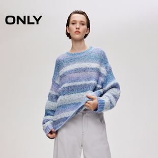 渐变晕染条纹百搭圆领宽松落肩针织衫 个性 上衣女 新款 ONLY2026春季
