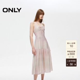 ONLY夏季 轻薄飘逸亚麻度假风碎花裙子挂脖系带连衣裙女 油画裙