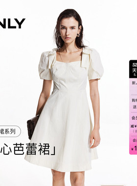 ONLY夏季复古蝴蝶结裙子白色高腰泡泡袖A字裙短裙连衣裙女