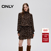 复古印花泡泡袖 ONLY2025冬季 新款 荷叶边收腰高领褶皱短裙连衣裙女
