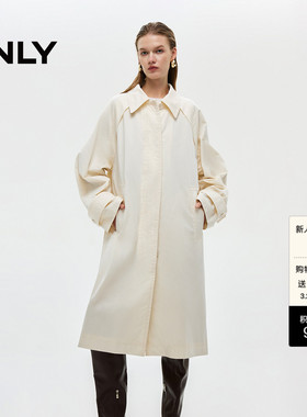 ONLY春季纯色翻领双层隐形门襟插肩宽松中长款风衣外套女