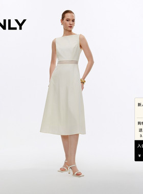 【赫本裙】ONLY2026春季新款一字领腰间镂空A字无袖黑白长连衣裙
