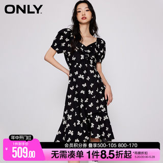 ONLY夏季法式茶歇收腰显瘦中长裙方领黑色碎花连衣裙女|123107072