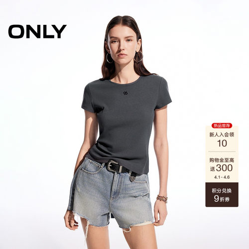 ONLY刺绣正肩短袖圆领T恤
