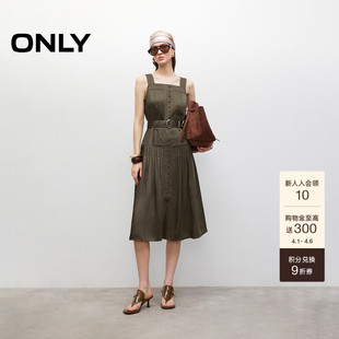 复古缎光裙子方领无袖 收腰中长裙百褶连衣裙女 新款 ONLY2026夏季