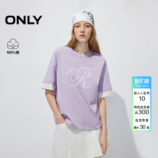 口拼接字母胶印圆领假两件T恤女 纯棉上衣宽松袖 ONLY2026春季 新款