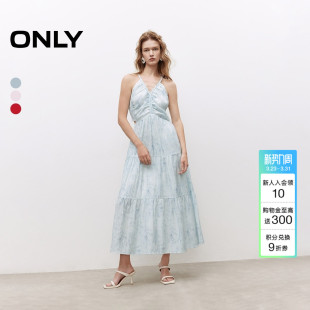 ONLY2026夏季 浪漫花卉印花裙子腰部镂空挂脖V领绑带连衣裙女 新款