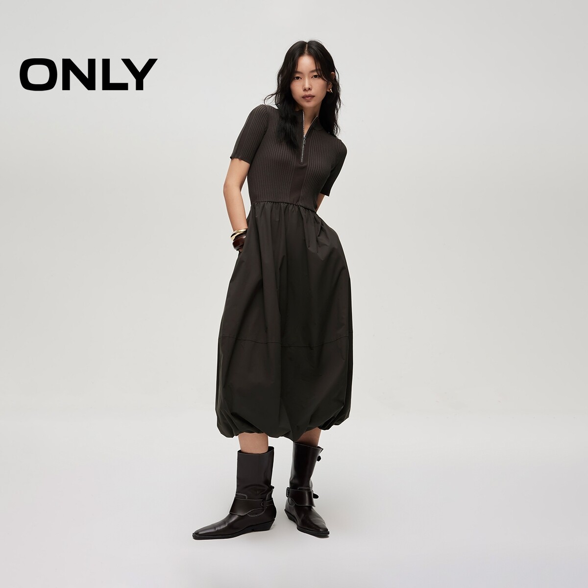 ONLY2026春季新款艺术感花苞裙小黑裙针织拼接裙子长裙连衣裙女