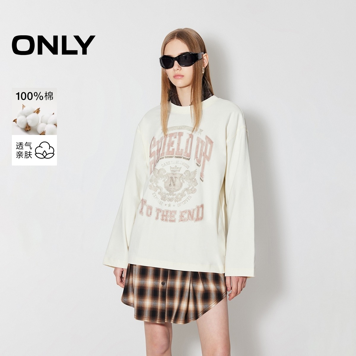 ONLY2026春季新款上衣美式落肩设计宽松纯棉圆领印花长袖T恤女