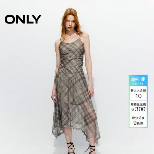 ONLY2026春季 可调节肩带不规则格纹网纱吊带收腰裙子连衣裙 新款