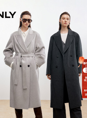 ONLY2025冬季新款100%绵羊毛纯色双排扣长款双面毛呢大衣外套女