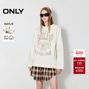 ONLY2026春季新款美式复古落肩宽松纯棉舒适圆领印花长袖T恤女