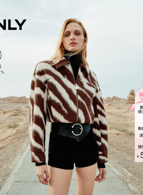 ONLY冬季潮流复古斑马纹短款宽松毛呢大衣外套女|12434T005
