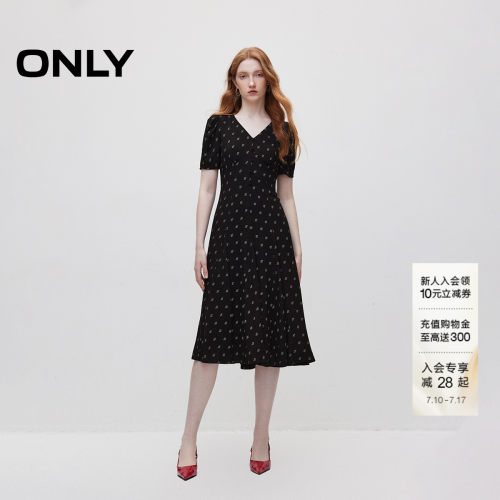 V领泡泡袖中长裙连衣裙ONLY