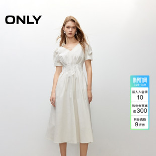 收腰中长裙短袖 纯色高腰V领裙子泡泡袖 连衣裙女 新款 ONLY2026春季