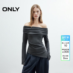 纯色T恤女 优雅一字肩褶皱不规则底摆上衣长袖 ONLY2026春季 新款