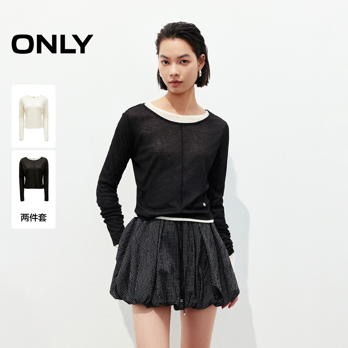 ONLY夏季简约百搭修身套装圆领短款长袖T恤女|125102011