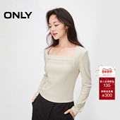ONLY2026春季 T恤女 方领长袖 新款 优雅气质同色字母褶皱设计修身