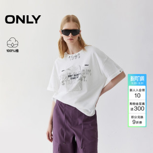 口圆领宽松落肩短袖 酷感破碎胶印翻边袖 T恤女 新款 ONLY2026春季