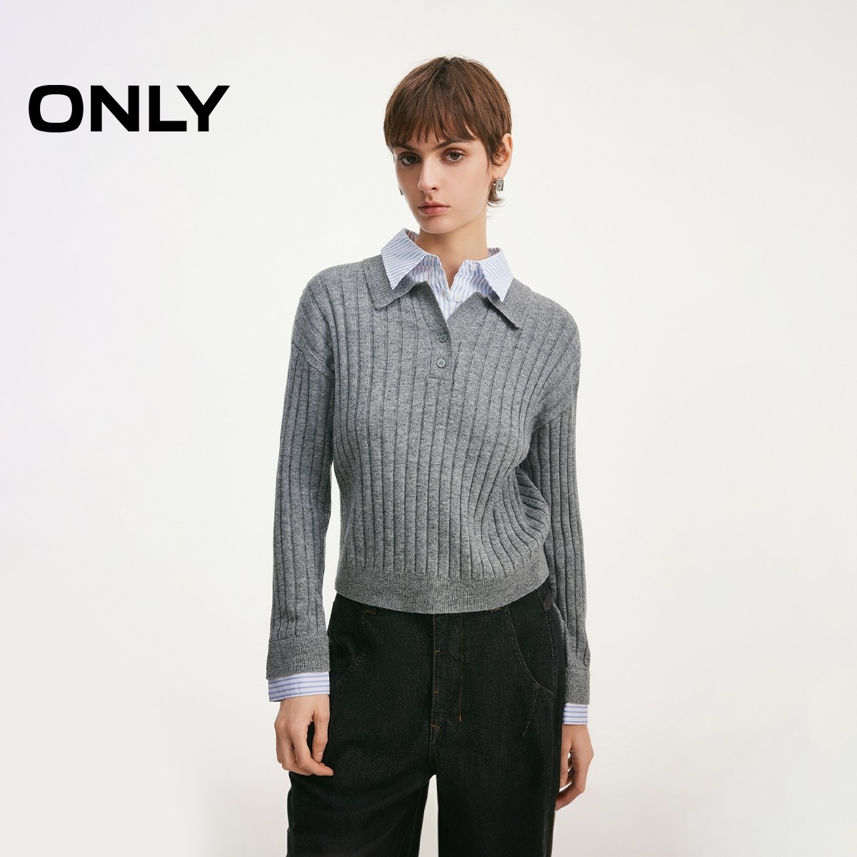 ONLY2026春季新款绵羊毛显瘦纵向坑条假两件后领镂空针织衫上衣女