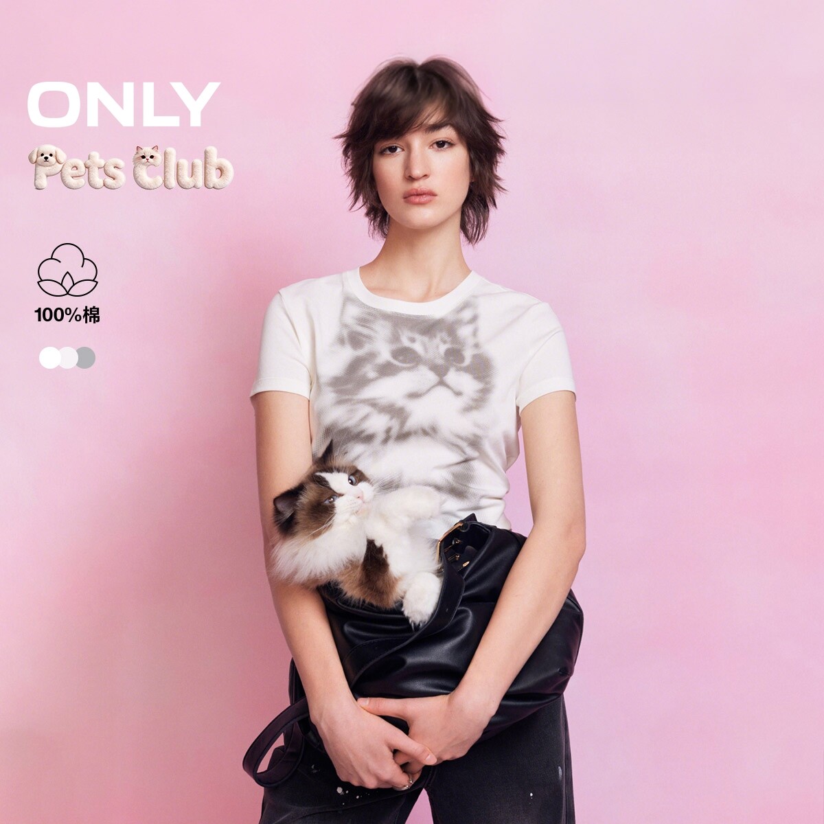 【萌宠T】ONLY2026春季新款纯棉上衣猫咪印花正肩圆领短袖T恤女