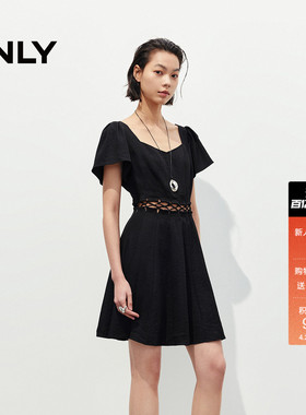 ONLY夏季法式裙子腰部镂空设计心形领口短袖黑色白色连衣裙女