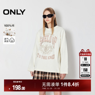 复古落肩宽松纯棉舒适圆领印花长袖 美式 T恤女 新款 ONLY2025秋季