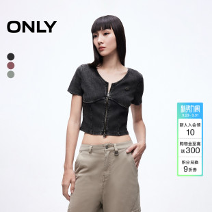 上衣T恤女 短袖 ONLY夏季 双头拉链显瘦立体剪裁做旧磨白短款