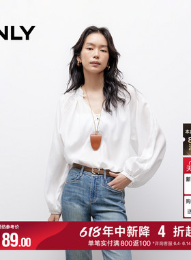 ONLY夏季法式慵懒风日系纯色宽松V领泡泡袖白色雪纺衫上衣女