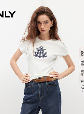 【热销】ONLY2026夏季新款上衣航海风刺绣修身短袖白色蓝色T恤女