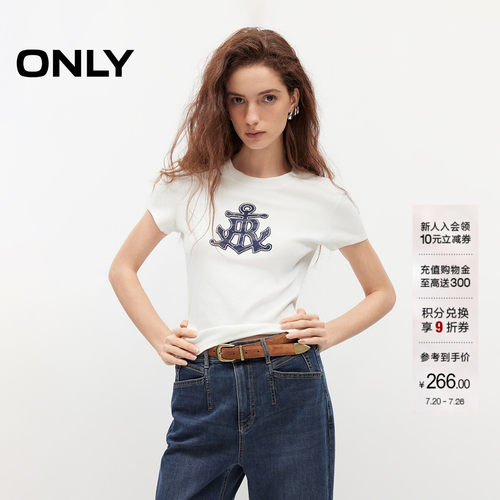 ONLY复古航海风印花修身正肩T恤