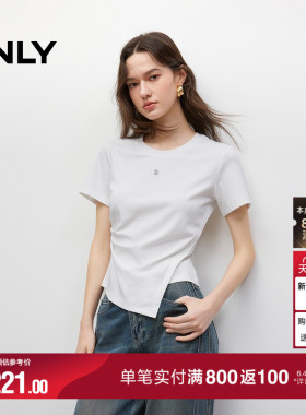 ONLY夏季收腰上衣棉感褶皱金属装饰不对称正肩圆领白色短袖T恤女