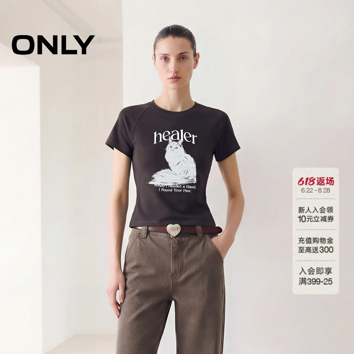 ONLY猫咪印花上衣插肩袖圆领T恤