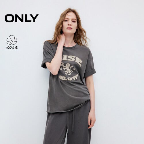ONLY纯棉复古风简约圆领落肩T恤