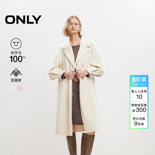 ONLY冬季 毛呢大衣外套女 100%绵羊毛优雅复古双排扣翻领长款
