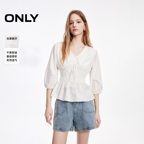 ONLY收腰V领七分袖蕾丝衫