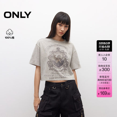 ONLY印花圆领落肩宽松短款T恤