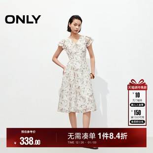 荷叶袖 修饰肩颈线条法式 淡雅印花V领连衣裙女 新款 ONLY2025夏季