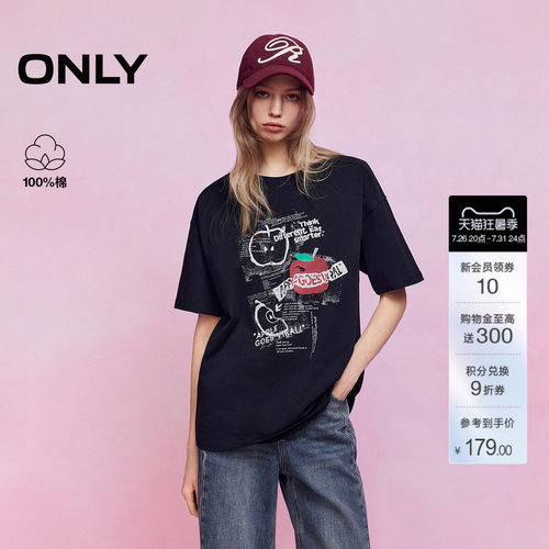 ONLY苹果印花宽松落肩纯棉T恤
