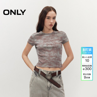 上衣T恤女 柔软高弹酷感做旧复古印花正肩短袖 ONLY2026春季 新款