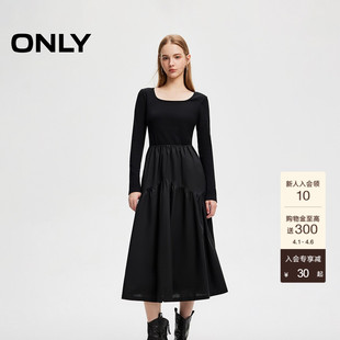 针织拼接长裙连衣裙女 124307071 通勤优雅方领长袖 ONLY春季