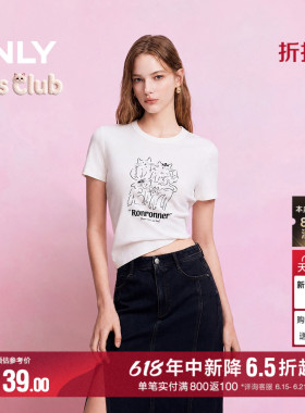 【宠物派对】ONLY26夏季新款猫咪印花圆领短袖短款白色上衣T恤女