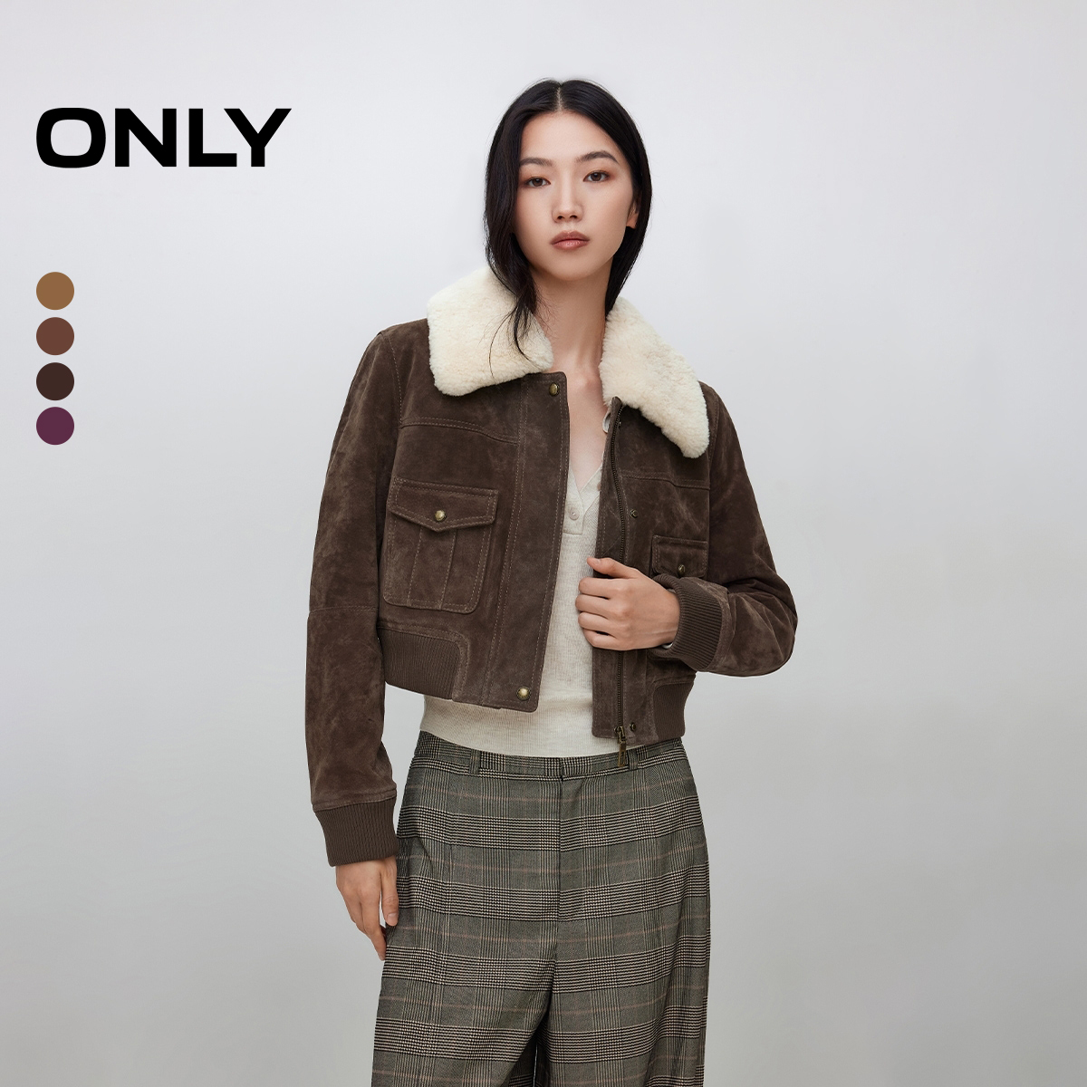 ONLY正肩可拆卸毛领皮衣外套