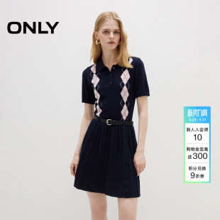 ONLY2026春季 学院风假两件翻领拼接菱格短裙百褶裙连衣裙女 新款