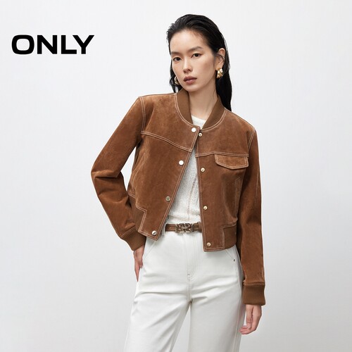 ONLY纯色正肩短款皮衣外套