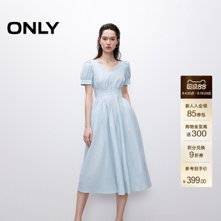 ONLY夏季新款高腰V领裙子泡泡袖收腰显瘦短袖纯色中长连衣裙