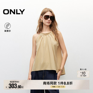 ONLY2025夏季 女 舒適透氣百搭淡人削肩顯瘦圓領(lǐng)系帶寬松雪紡衫 新款