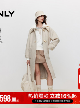 ONLY气质翻领泰迪毛牛角扣长款羊毛纯色毛呢大衣女|12336U011